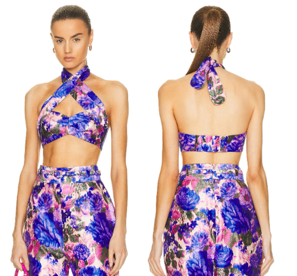 Zimmermann High Tide Silk Halterneck Crop Top Purple Ikat Floral Women's Size 1